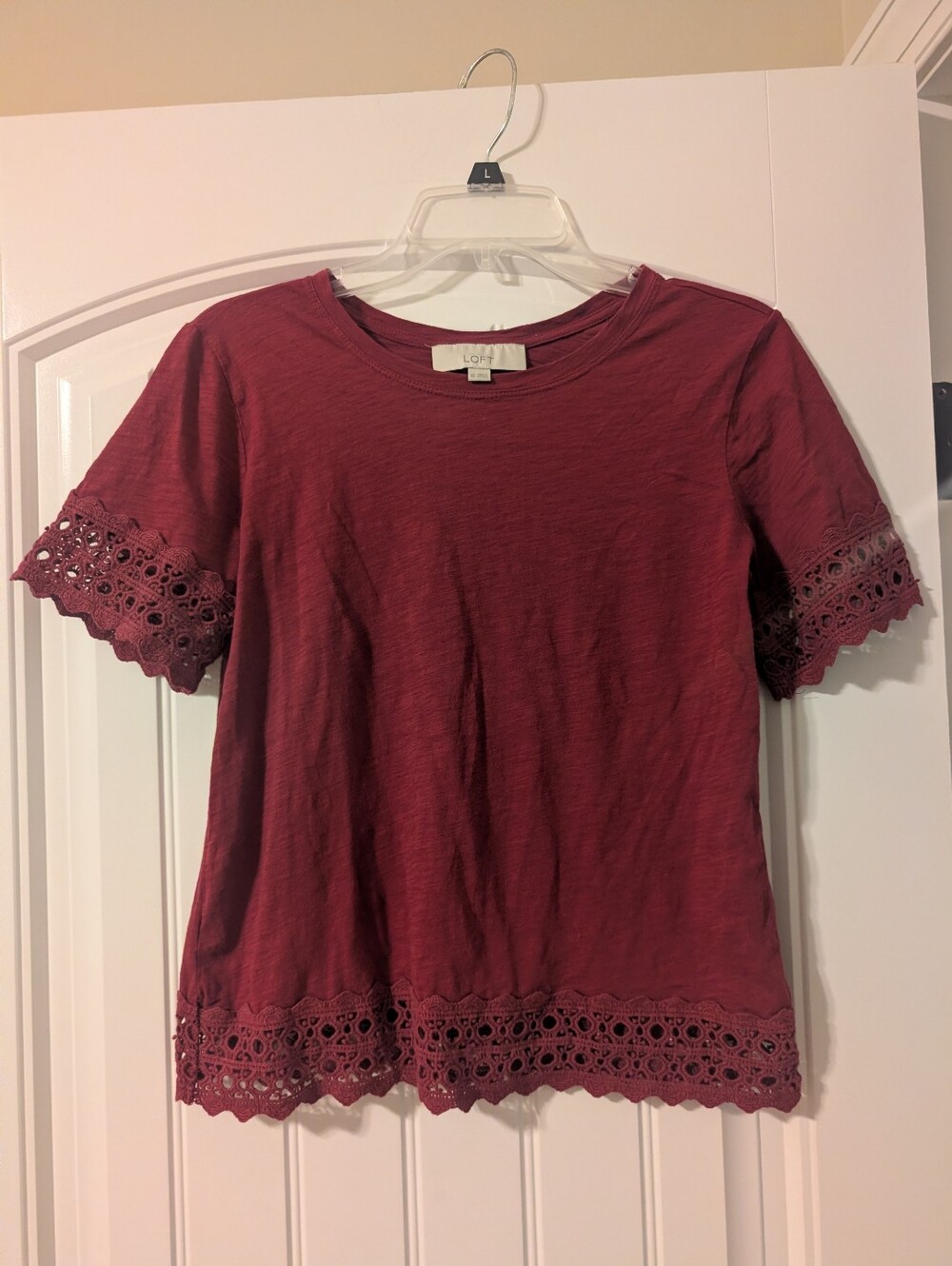 XS LOFT Crochet Lace Trim Magenta Boxy Tee
